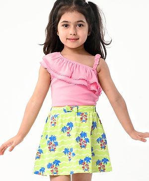 Babyhug One Shoulder Ribbed Top & Flamingo printed Skirt Set- Lt Pink & Green