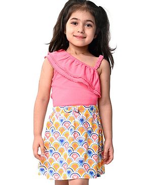 Babyhug One Shoulder Ribbed Top with Heart Printed Skirt- Pink & White
