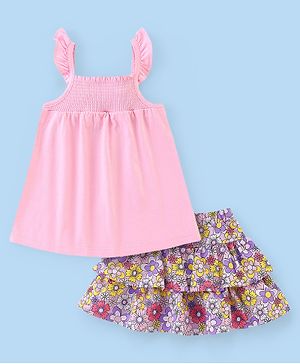 Babyhug 100% Cotton Jersey Frill Sleeves Smocking Details Top & Layered Skirts Set Floral Print - Pink & Lilac