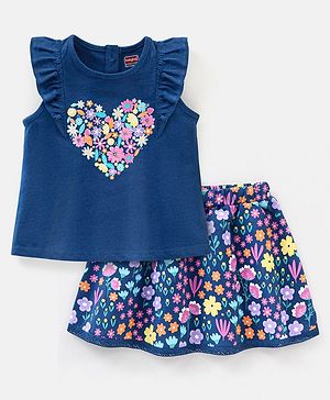 Babyhug 100% Cotton Knit Sleeveless Top and Skirt Set Floral Print - Navy