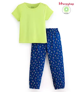 Honeyhap Premium 100% Cotton Half Sleeves Night Suit with Bio Finish Floral Print - Sunny Lime & Limoges