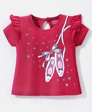 Babyhug 100% Cotton Knit Half Sleeves Tee with Graphic & Glitter Detailing - Fuchsia