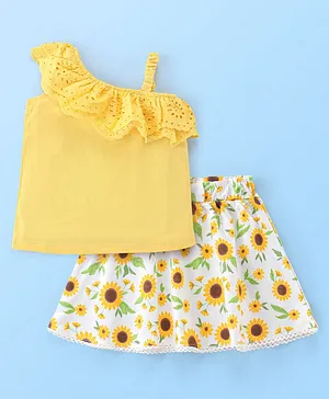 Babyhug 100% Cotton Knit Sleeveless One Shoulder Top & Skirt Floral Print - Yellow & White