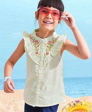 Babyhug Cotton Sleeveless Top With Dobby Striped Embroidery & Frill Detailing - Green & White