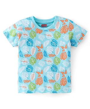 Babyhug Cotton Half Sleeves T-Shirt with Leafy Print - Blue