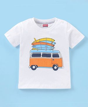 Babyhug Cotton Jersey Knit Half Sleeves T-Shirt Travel Van Print - White