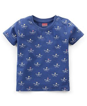 Babyhug Cotton Jersey Half Sleeves T-Shirt Boat Print - Navy Blue