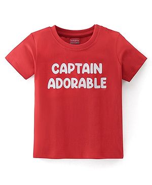 Babyhug Cotton Knit Half Sleeves T-Shirt Captain Adorable Print - Red