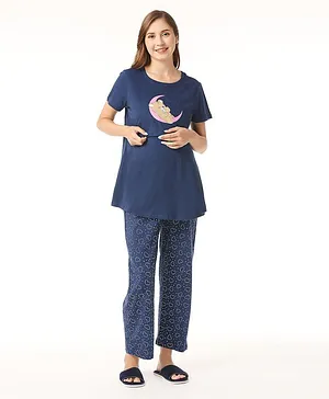Bella Mama 100% Cotton Knit Short Sleeve Nursing Night Suit - Blue