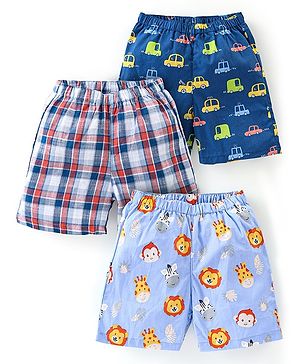 Babyhug Cotton Woven Boxers Vehicles & Lion Print Pack of 3 - Blue & Red