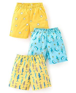 Babyhug Cotton Woven Star & Sea Life Print Pack of 3 - Yellow & Blue