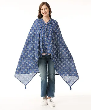 Bella Mama 100% Cotton Woven Three Fourth Sleeves Free Size Printed Poncho - Blue