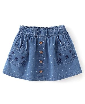 Babyhug Cotton Mid Thigh Skirt With Kitty Embroidery & Dots Print - Blue