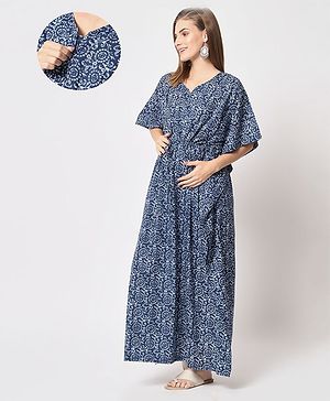 Aujjessa Three Fourth Batwing Sleeves Seamless Floral Swirl Printed Maternity Kaftan With Concealed Zipper Feeding Access - Indigo Blue