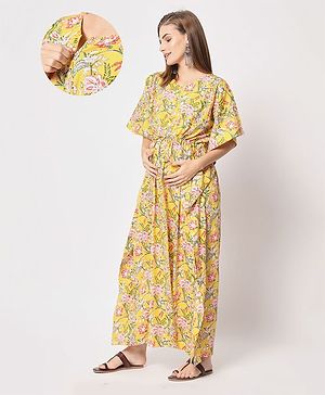 Aujjessa Three Fourth Bat Wing Sleeves Botanical Floral Motif Printed Maternity & Nursing Front Zipper Kaftan Night Dress - Yellow Multi