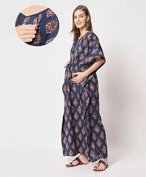 Aujjessa Three Fourth Sleeves Abstract Printed Front Zipper Maternity Feeding Kaftan - Navy Blue