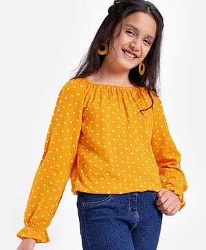 Pine Kids Rayon Woven Full Sleeves Off Shoulder Top Polka Dot Print- Yellow