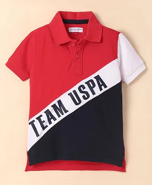 US Polo Assn Half Sleeves Cotton Colour Blocked T-Shirt with Text Graphics - Red