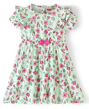 Babyhug 100% Cotton Knit Half Sleeves Floral Printed  Frocks -  Light Green
