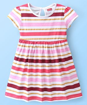 Babyhug 100% Cotton Knit Half Sleeves Frock With Striped - White & Pink