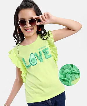 Pine Kids 100% Cotton Knit Ruffle Sleeves Top Petal Embroidery - Sunny Lime