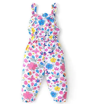 Babyhug 100% Cotton Knit Singlet Jumpsuit with Floral Print - White