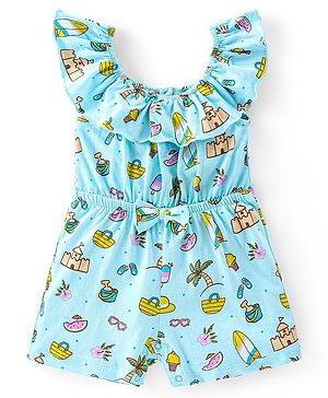 Babyhug 100% Cotton Knitted Sleeveless Beach Theme Jumpsuit with Bow Applique - Mint