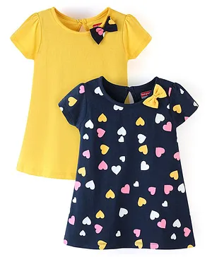Babyhug 100% Cotton Knitted Half Sleeves Solid & Heart Printed Frock with Bow Applique - Navy Blue & Yellow