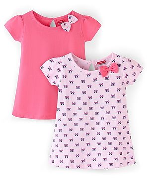 Babyhug 100% Cotton Half Sleeves Bow Print Knitted Frock with Bow Applique Pack Of 2 - Light Pink & Fuschia