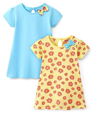 Babyhug 100% Cotton Knit Half Sleeves Floral Print Frock Pack of 2 - Yellow & Blue