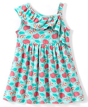 Babyhug 100% Jersey Cotton Knit Sleeveless Ruffled Frock with Fruity Print - Mint