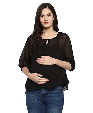 Momsoon Three Fourth Sleeves Seamless Dobby Work Embellished Maternity Top - Black