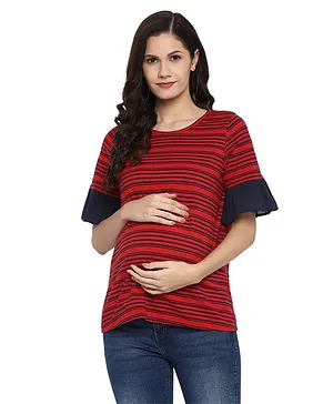 Momsoon Half Bell Sleeves Rugby Striped Maternity Top - Red & Blue