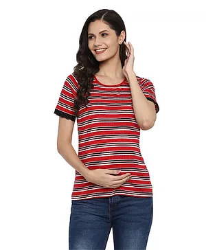 Momsoon Half Sleeves Rugby Striped Maternity Tee - Red