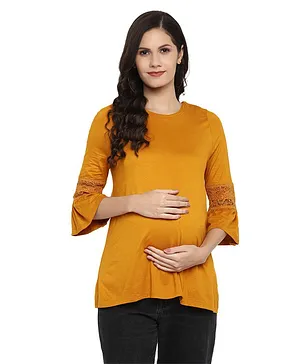 Momsoon Three Fourth Bell Sleeves Lace Embellished Maternity Top - Yellow