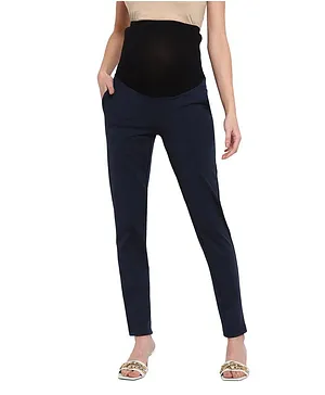 Momsoon Solid Maternity Poly Lycra Pin Tuck Pants -Navy Blue