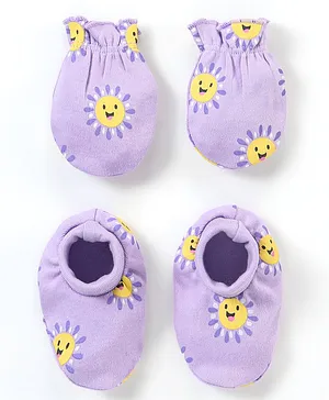 Babyhug 100% Cotton Knit Mittens & Booties Set Sun Print - Purple