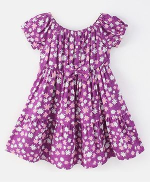 Babyhug Rayon Woven Short Sleeves Frock with Bow Floral Print - Lilac