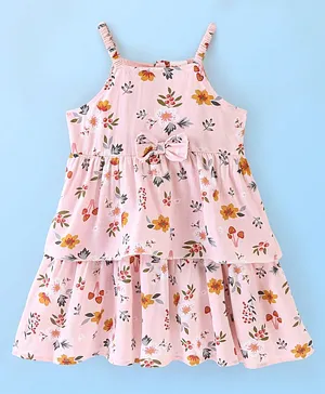 Babyhug Rayon Singlet Sleeves Floral Print Frock with Bow Applique - Peach
