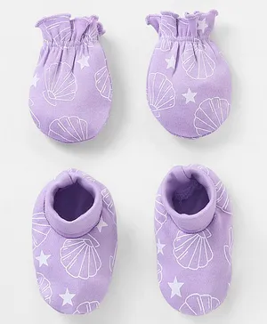 Babyhug 100% Cotton Mittens And Booties Shells Print - Purple