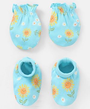 Babyhug 100% Cotton Mittens And Booties Sunflower Print - Blue & Yellow
