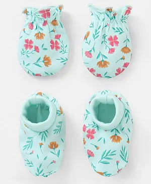Babyhug 100% Cotton Mittens And Booties Floral Print - Blue