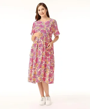 Bella Mama Soft Rayon Short Sleeves Maternity Dresses With Pocket Floral Print - Peach