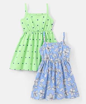 Doodle Poodle 100% Cotton Sleeveless Frocks Polka Dot & Floral Print Pack of 2 - Green & Blue