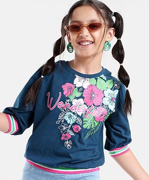 Pine Kids Cotton Knit Three Fourth Sleeves Floral Print T-Shirt - Blue