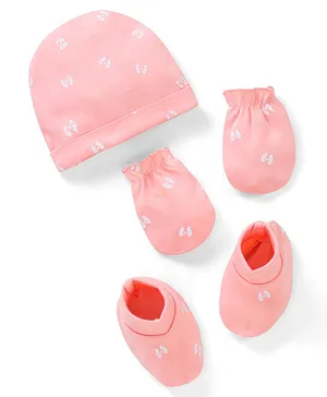Doodle Poodle 100% Cotton Butterfly Printed Cap Mittens & Booties Set Pink -  Diameter 10.5 cm
