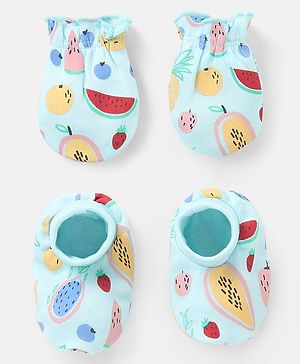Babyhug 100% Cotton Knit Mittens & Booties Set Fruits Print - Blue
