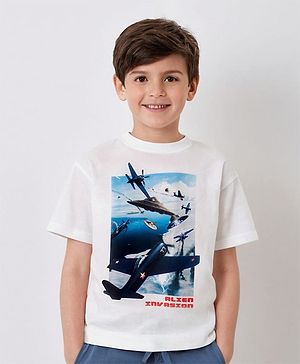 Pine Kids 100% Cotton Knit Half Sleeves Bio Washed T-Shirt Jet Print - Snow White