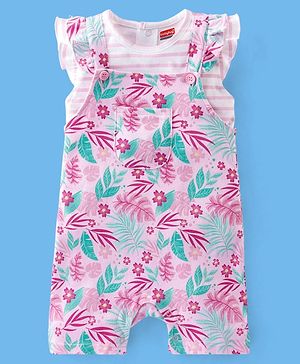 Babyhug 100% Cotton Sleeveless Striped Tee & Dungaree Set Floral  Print- Pink