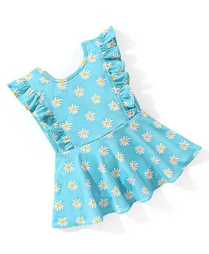 Babyhug Sleeveless Frock Style Swimsuit with Frill Detailing Floral Print - Blue